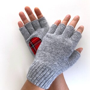 Women Fingerless Gloves, Gray Mittens with Tartan Heart, Accessories For Mom, Handmade Grandma Gift, Unique Spring Clothing, Texting Gloves image 5