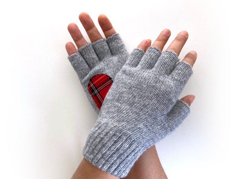 Women Fingerless Gloves, Gray Mittens with Tartan Heart, Accessories For Mom, Handmade Grandma Gift, Unique Spring Clothing, Texting Gloves image 5
