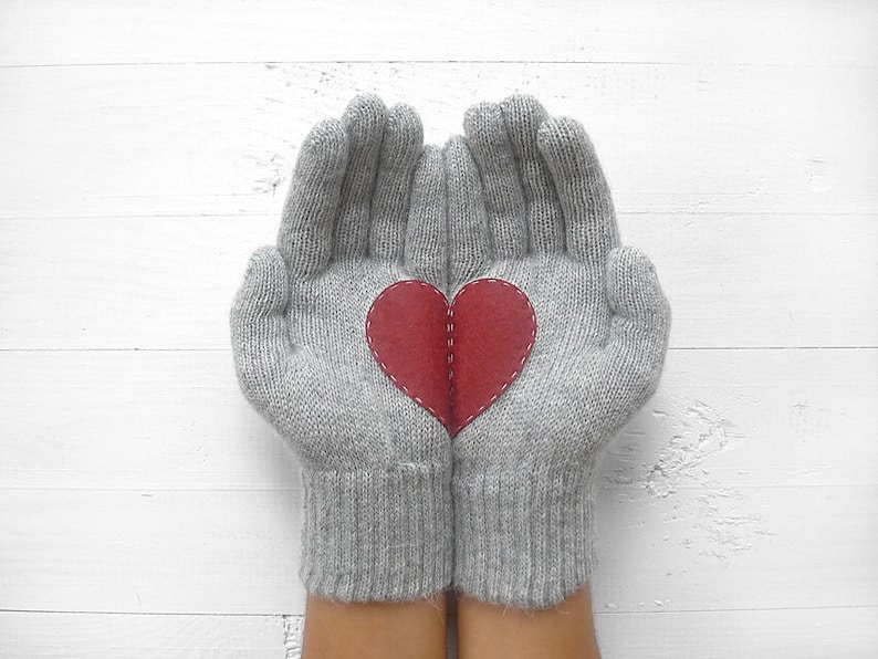 Heart Gloves, Women Mittens, Winter Accessories, Best Valentine Gift, Gray Gloves, Handmade Gift, Woman Clothing, Unique Gifts, Gift For Her image 1