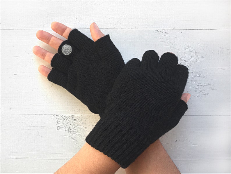Fingerless Black Gloves, Animal Mittens, Valentines Day Gift, Handmade Item, Wolf Gift, Texting Gloves, Winter Mittens, Handmade Gifts image 3