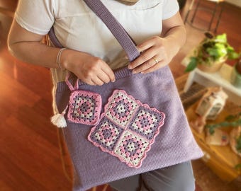 Purple Granny Square Bag Boho Style: Handmade Fall Style Tote