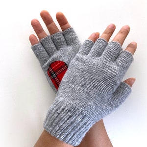 Women Fingerless Gloves, Gray Mittens with Tartan Heart, Accessories For Mom, Handmade Grandma Gift, Unique Spring Clothing, Texting Gloves image 9