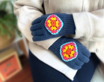 Granny Square Navy Gloves: Valentines Day Gift Women, Winter Style Cozy Accessories