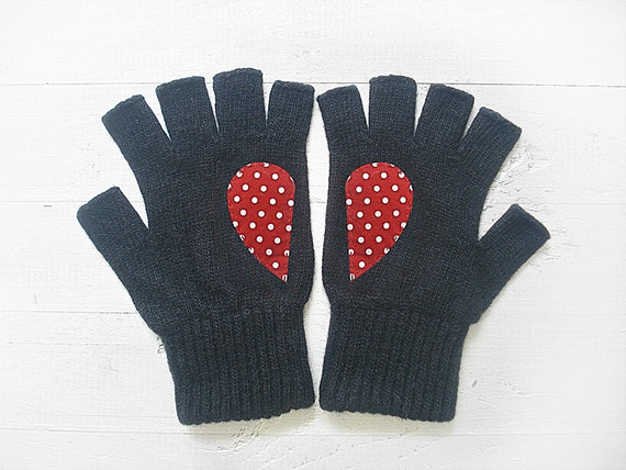 Christmas Gift Heart Gloves Valentines Day Winter Accessories Wool Mittens Black Mittens Fingerless Black Gloves 