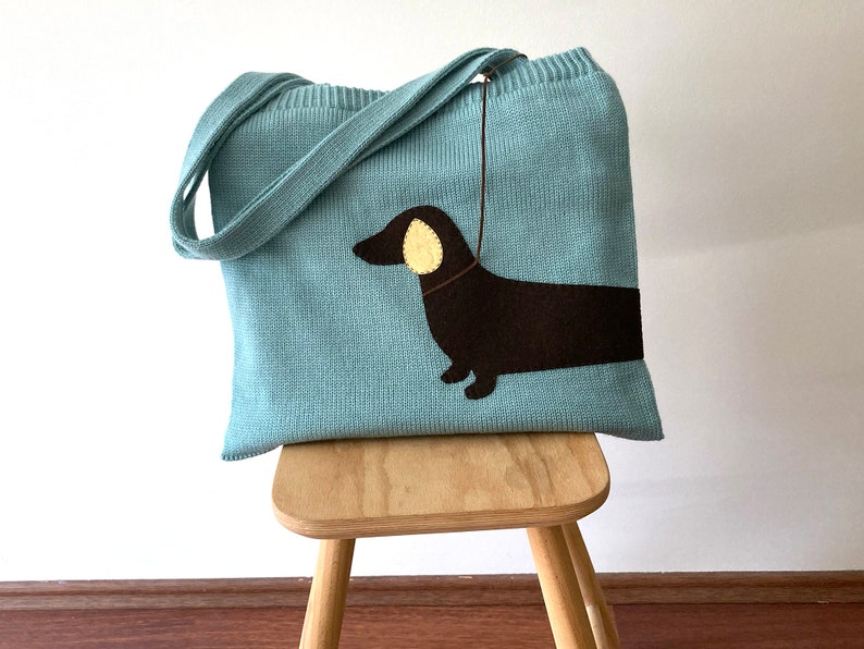 Knit Shoulder Bag with Dachshund, Crochet Tote with Wiener Dog, Gift for Dog Lover Friend, Handmade Dog Mom Gift, Knit Lover Mother Gifts image 9