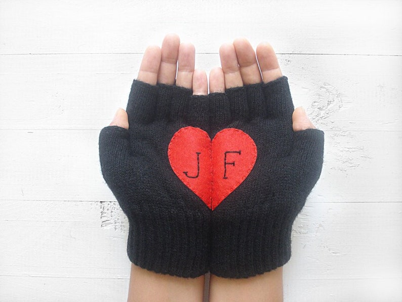 Personalized Gift For Mom, Custom Heart Gloves, Wife Birthday Gift, Handmade Fingerless Mittens, Unique Gift Women, Winter Fall Clothing image 1