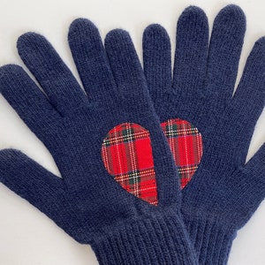 Women Heart Gloves, Navy Mittens, Best Holiday Gifts, Christmas Gift, Navy Blue Gloves, Tartan Fabric, Knit Accessories, Handmade Clothing image 6