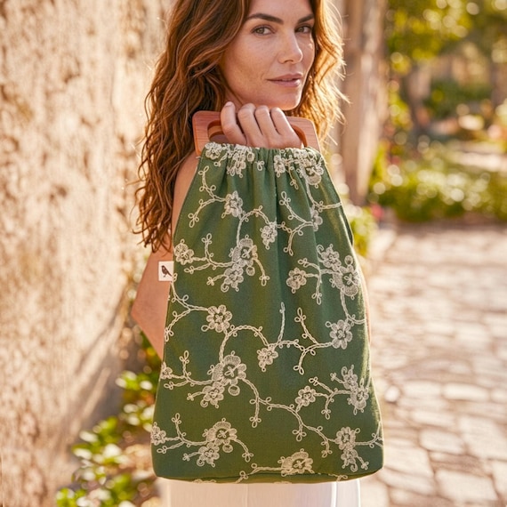 Embroidered Green Floral Summer Style Handbag, Wooden Handle Boho Tote, Handmade Beach Bags