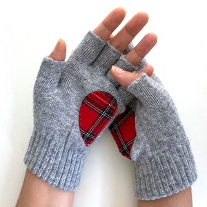 Women Fingerless Gloves, Gray Mittens with Tartan Heart, Accessories For Mom, Handmade Grandma Gift, Unique Spring Clothing, Texting Gloves image 6