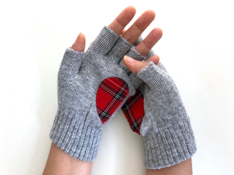 Women Fingerless Gloves, Gray Mittens with Tartan Heart, Accessories For Mom, Handmade Grandma Gift, Unique Spring Clothing, Texting Gloves image 6