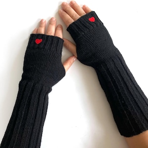 Wool Fingerless Gloves: Long Black Arm Warmers with Red Hearts, Fall Style Woman