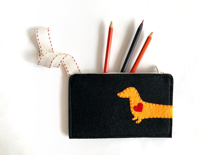 Zipper Pouch with Dachshund, Wiener Dog Purse, Back to School Gift, Dog Lover Friend Gift, Felt Pencil Case, Teacher Appreciation Gift image 1