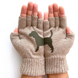 Fingerless Wool Gloves: Tan Mittens with Felt Beagle Palm