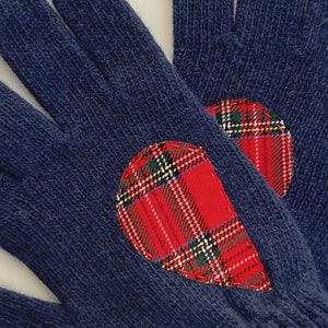 Women Heart Gloves, Navy Mittens, Best Holiday Gifts, Christmas Gift, Navy Blue Gloves, Tartan Fabric, Knit Accessories, Handmade Clothing image 7