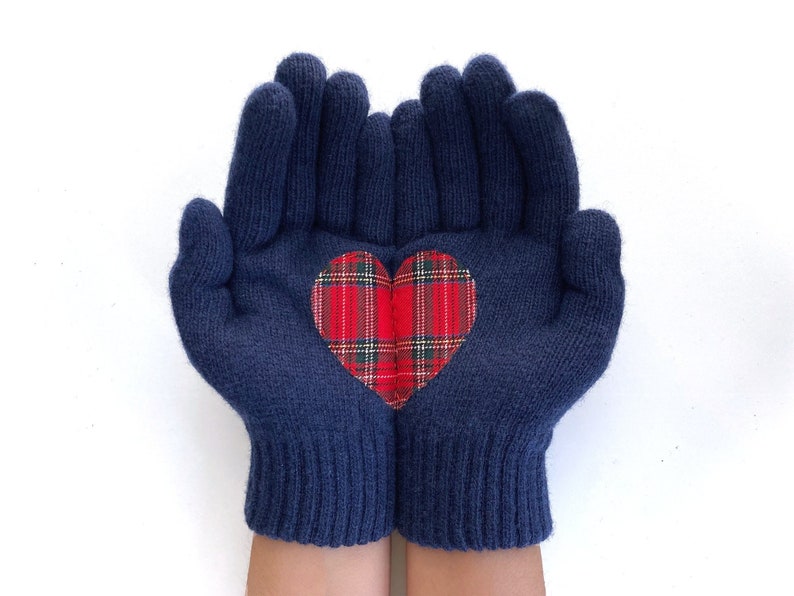 Women Heart Gloves, Navy Mittens, Best Holiday Gifts, Christmas Gift, Navy Blue Gloves, Tartan Fabric, Knit Accessories, Handmade Clothing image 1