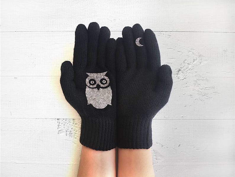 Black Leather Fingerless Gloves Owl