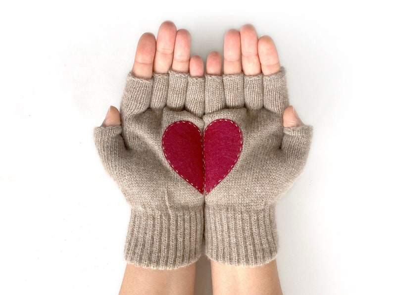 Women Heart Gloves, Unique Fingerless Mittens, Handmade Winter Accessories, Gift for Girlfriend, Texting Glove with Heart, Cold Weather Gift image 1