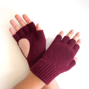 Fingerless Heart Gloves, Women Burgundy Mittens, Valentines Day Gift For Her, Handmade Heart Mittens, Unique Gift Idea, Valentine Clothing image 2