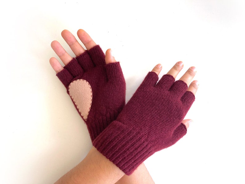 Fingerless Heart Gloves, Women Burgundy Mittens, Valentines Day Gift For Her, Handmade Heart Mittens, Unique Gift Idea, Valentine Clothing image 2