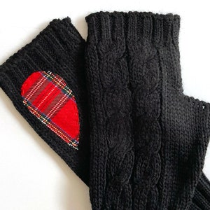 Black Fingerless Gloves, Tartan Heart, Women Mittens, Woman Clothing, Valentines Day Gifts, Heart Mittens, Handmade Gift, Best Gift For Her image 7