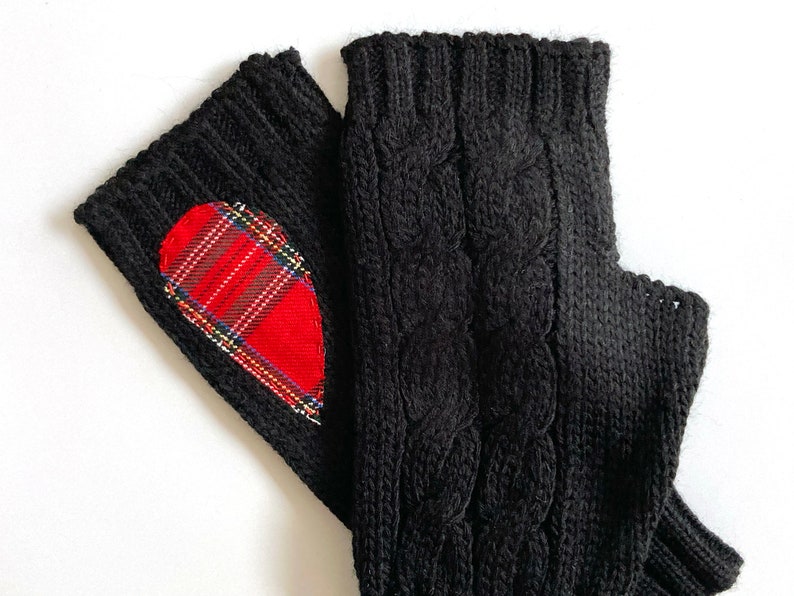 Black Fingerless Gloves, Tartan Heart, Women Mittens, Woman Clothing, Valentines Day Gifts, Heart Mittens, Handmade Gift, Best Gift For Her image 7