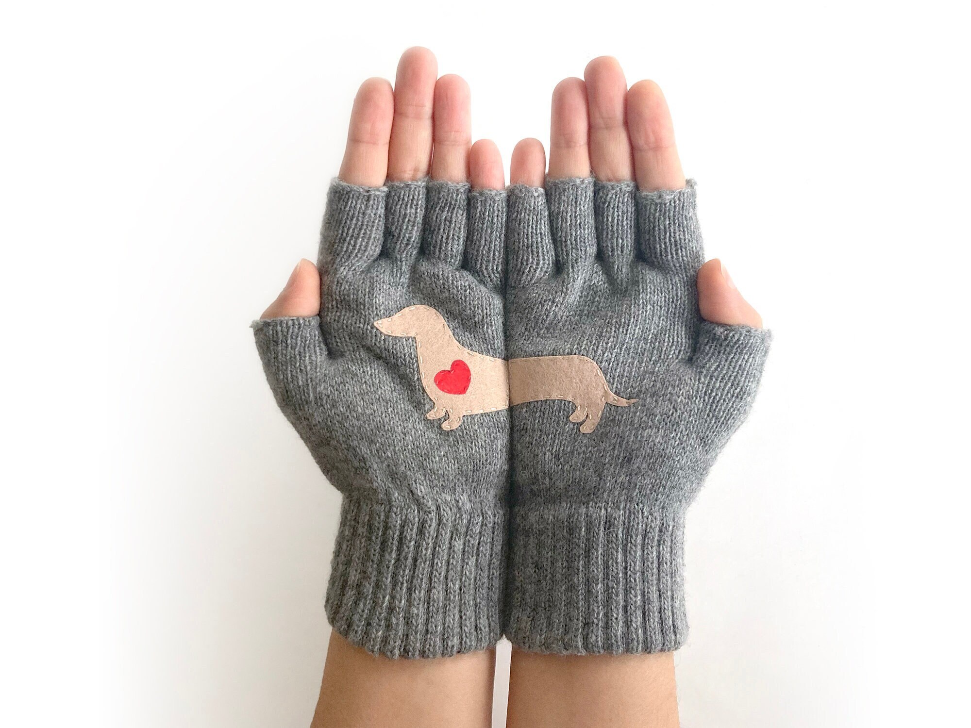 Dachshund Winter Gloves, Fingerless Mittens with Dog, Wiener Dog Lover Gift, Handmade Valentines Gift For Her, Valentine Clothing For Women