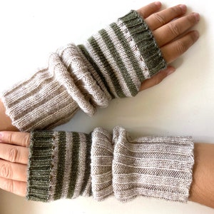 Striped Wool Arm Warmers: Green Fingerless Gloves, Knit Winter Accessories