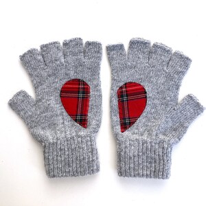 Women Fingerless Gloves, Gray Mittens with Tartan Heart, Accessories For Mom, Handmade Grandma Gift, Unique Spring Clothing, Texting Gloves image 2