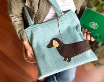 Bolso de hombro de punto con Dachshund, Tote de ganchillo con perro Wiener, Regalo para amigo amante de los perros, Regalo de mamá de perro hecho a mano, Regalos de madre amante de punto