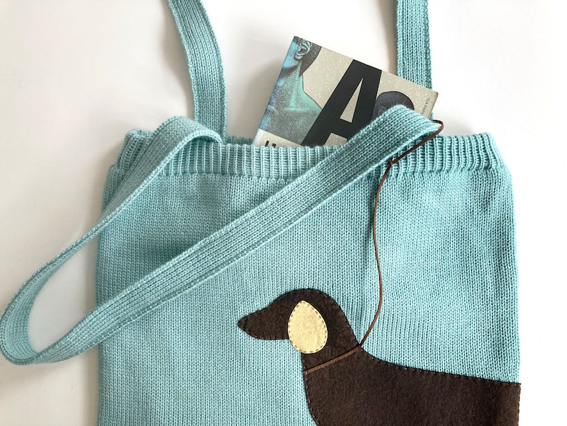 Knit Shoulder Bag with Dachshund, Crochet Tote with Wiener Dog, Gift for Dog Lover Friend, Handmade Dog Mom Gift, Knit Lover Mother Gifts image 6