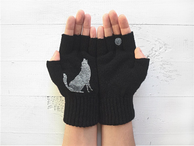 Fingerless Black Gloves, Animal Mittens, Valentines Day Gift, Handmade Item, Wolf Gift, Texting Gloves, Winter Mittens, Handmade Gifts image 1