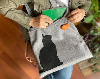 Crochet Cat Tote Bag: Knit Shoulder Bag With Kitten and Heart