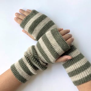 Striped Wool Arm Warmers: Handmade Fingerless Knit Gloves