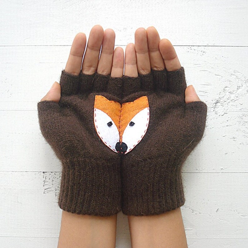 Fingerless Gloves, Women Mittens with Fox, Valentine Accessories, Animal Mittens, Handmade Item, Fox Gifts, Texting Gloves, Winter Clothing image 1