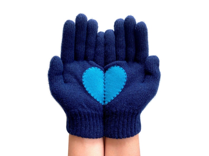 Women Navy Gloves, Heart Mittens Woman, Unique Valentine Gift, Handmade Item, Best Gift For Wife, Winter Fashion, Knitwear For Woman image 1