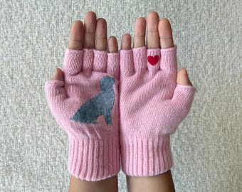 Pink Fingerless Gloves with Dog: Pet Parent Birthday Gift, Fall Fashion Women