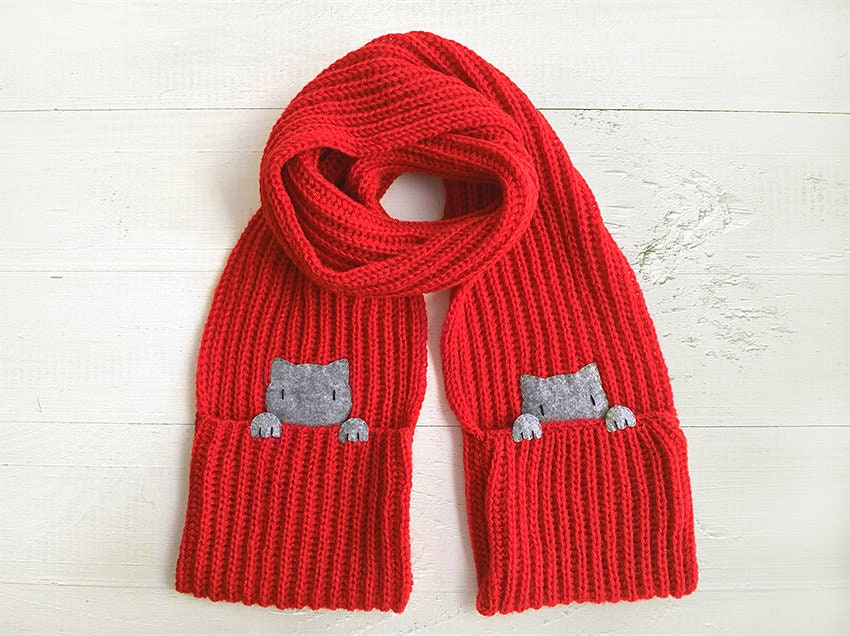 Red Wool Kids Scarf with Kitten Pockets - Birthday Gift for Kids, Handmade Kid Costume