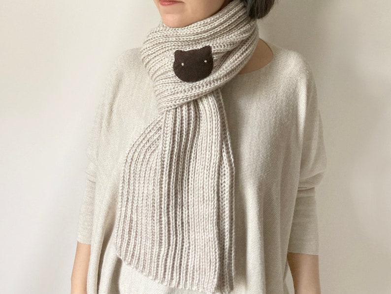 Handmade Scarf with Kitten, Cat Parent Clothing, Accessories For Mom, Beige Knit Shawl, Grandma Gift, Cat Lady Accessories, Spring Clothing image 1