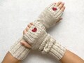 Handmade Wool Arm Warmers: Burgundy Heart Fingerless Gloves, Cozy Accessories Winter Style Gift