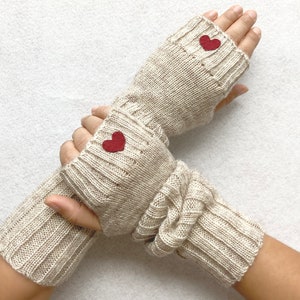 Long Arm Warmers with Burgundy Hearts, Best Gift For Mom, Fingerless Heart Gloves, Mother's Day Gift, Clothing For Mom, Best Grandma Gift