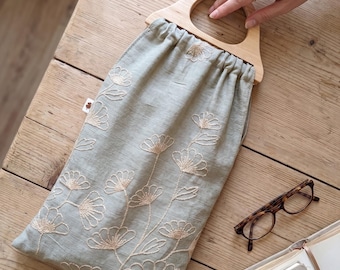 Embroidered Handbag with Wooden Handle, Sage Green Floral Summer Tote Bag, Unique Beach Bags
