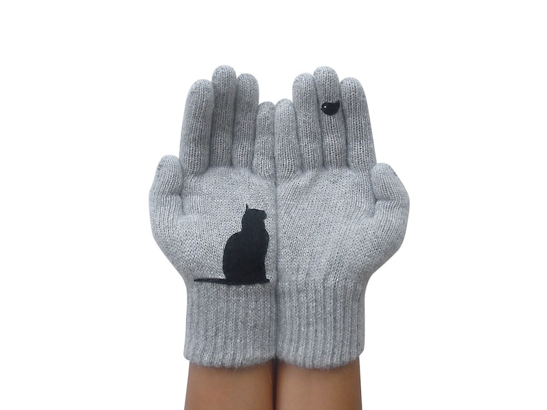 Cat Gloves Kitten Mittens Women Gloves Valentine's Day Gray Wool Gloves Valentines Gift Christmas Gift Kitten Gift Cat Lover Gloves Cat Lady 