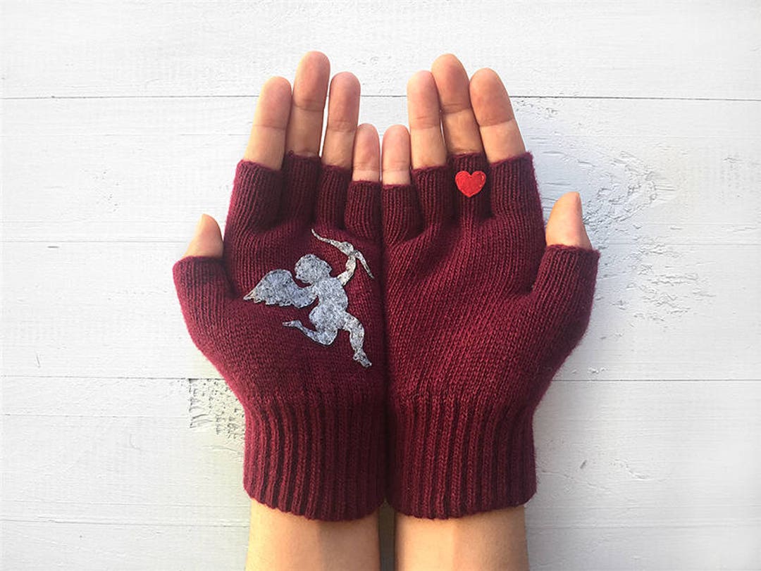 Translucent Mittens Heartstring Burgundy Fingerless Wool Mittens: Cupid & Heart Valentine's Gloves - Etsy