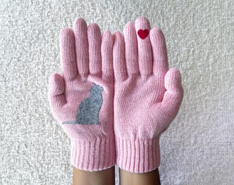 Fall Fashion Accessories, Wool Cat Gloves, Handmade Mittens with Kitten and Heart