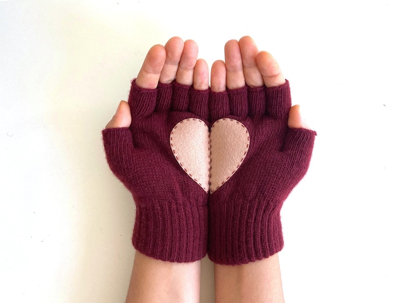 Fingerless Heart Gloves, Women Burgundy Mittens, Valentines Day Gift For Her, Handmade Heart Mittens, Unique Gift Idea, Valentine Clothing image 1