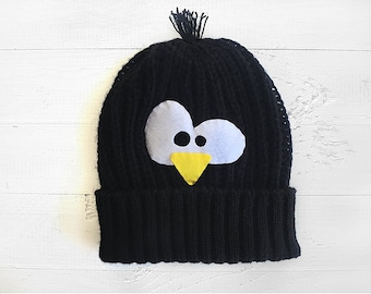 Kids Gift for Valentine's Day, Handmade Kids Knit Penguin Beanie, Boys Winter Style Gifts