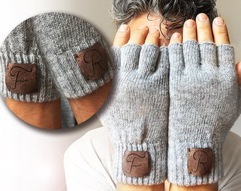 Personalized Fingerless Gloves, Monogrammed Gray Mitts, Valentines Day Gift for Him, Personalized Accessories