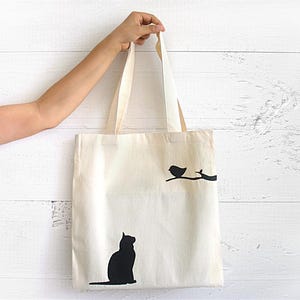 Sac fourre-tout mignon avec chaton noir et oiseau, accessoires uniques pour parents de chat, fourre-tout en coton fait main avec chaton en feutre, cadeau de sac quotidien pour les amoureux des chats