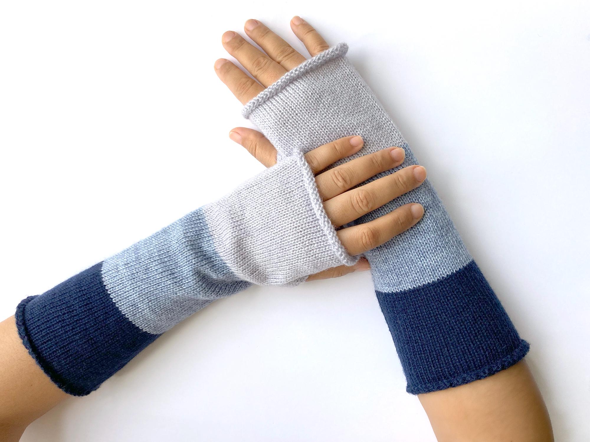 Fingerless Blue Striped Gloves, Handmade Clothing for Her