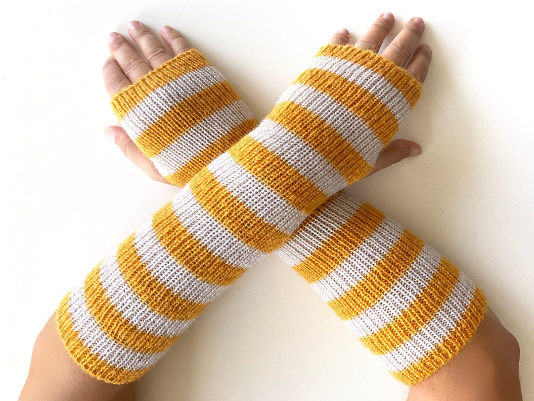 Long Gloves With Stripes, Yellow Arm Warmers, Knit Gift, Women